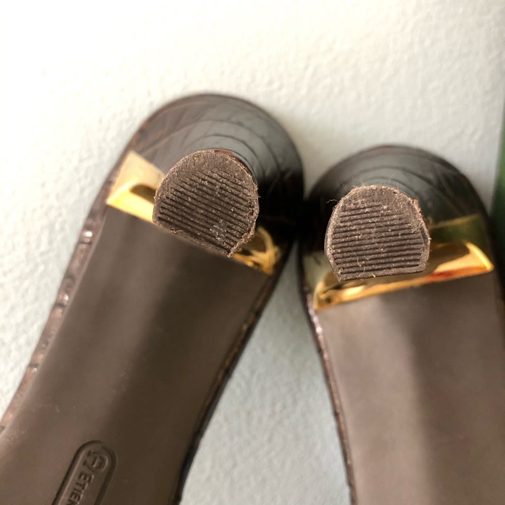Etienne Aigner Leather & Linen Slides w/ Gold Trim - Picture 11 of 12